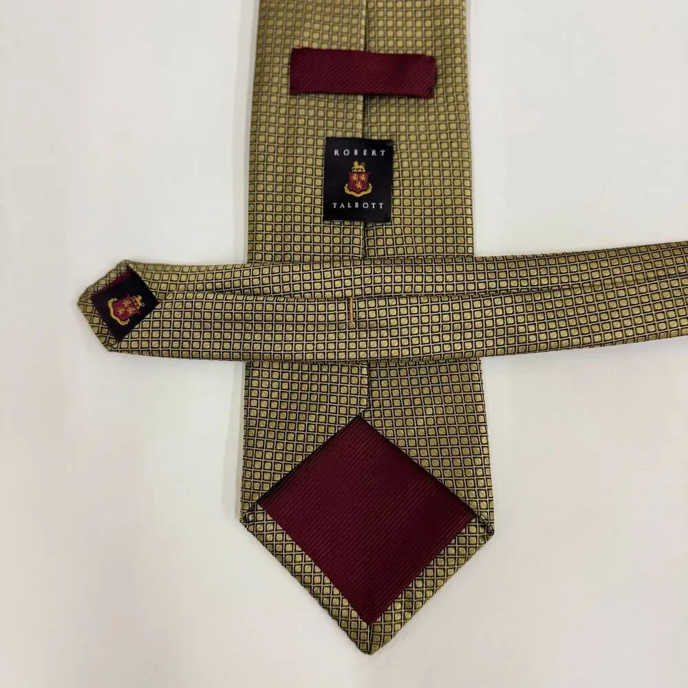 Robert Talbott Gold Olive Geometric Micro Check 100% Silk Tie Men's Burgundy Tip